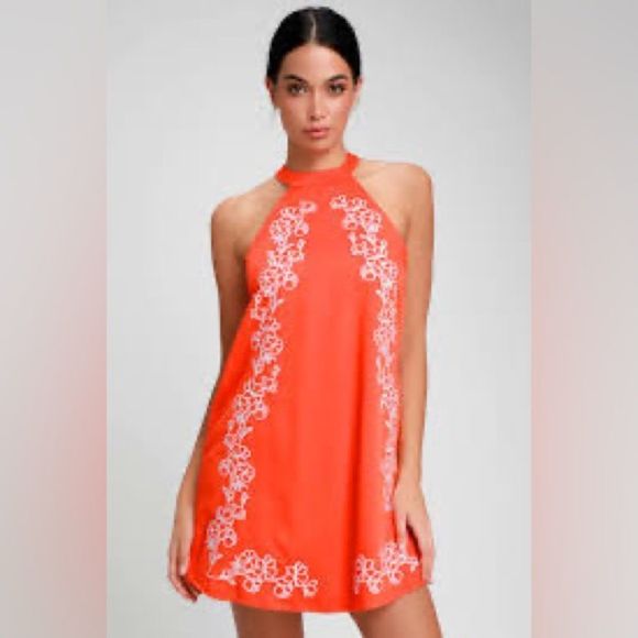 Lulu’s Fabiola Coral Orange Embroidered Halter Shift Dress - Picture 1 of 5